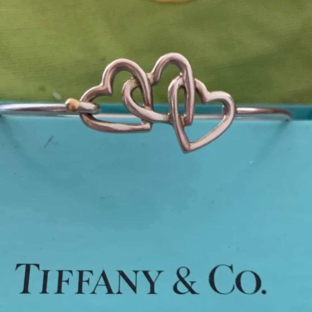 🩵Rare Heritage Piece Tiffany Triple Heart Clasp Hook Bangle with Gold Accent